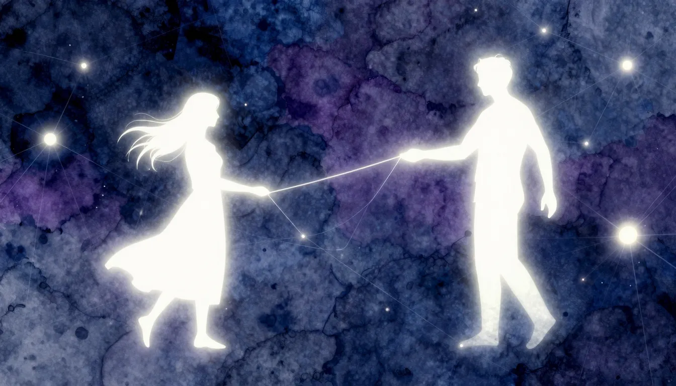 Watercolor style. 2 glowing silhouettes connected by a brigh...