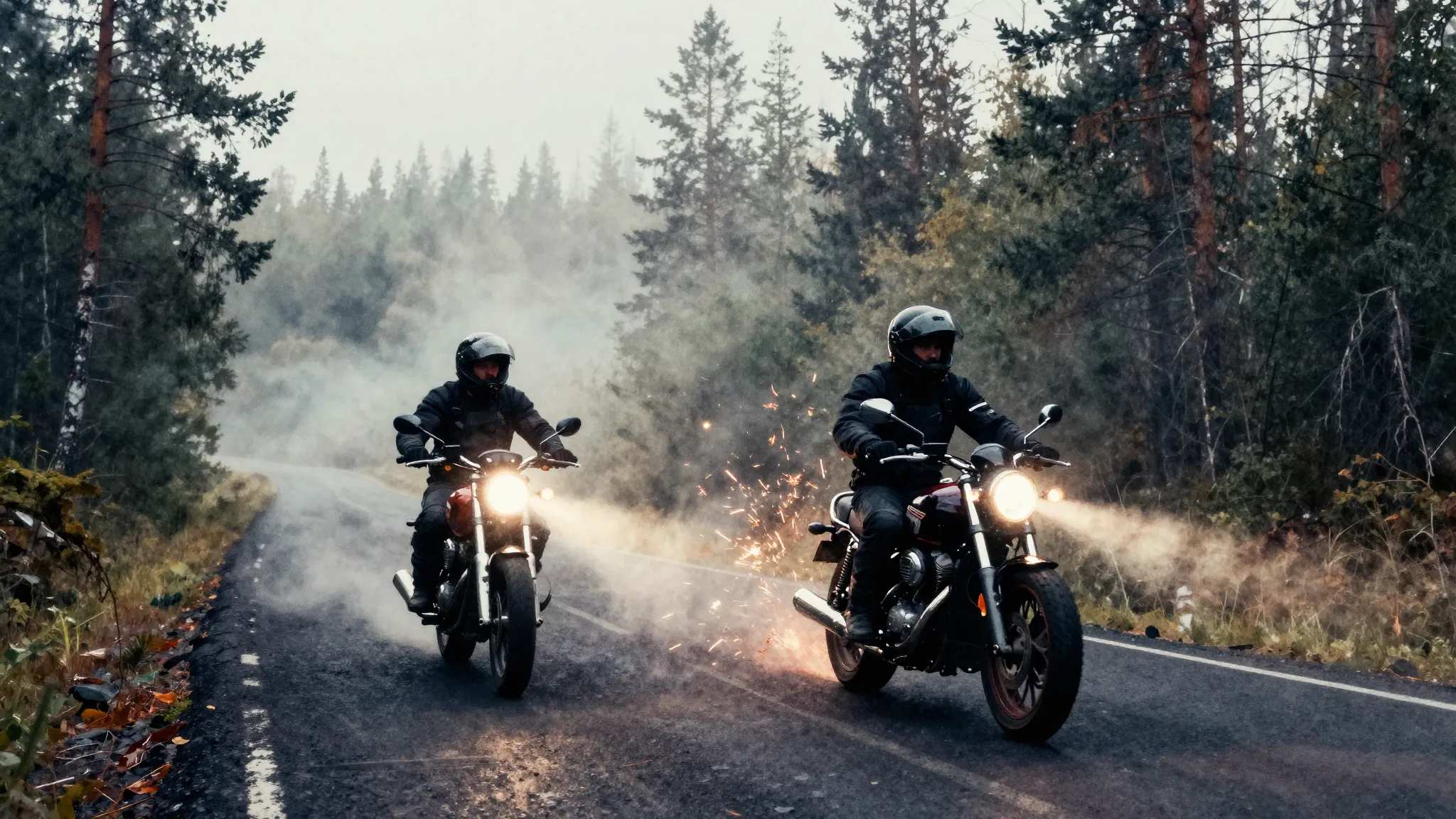 Vibrant watercolor style. Cinematic shot of two motorcycles ...