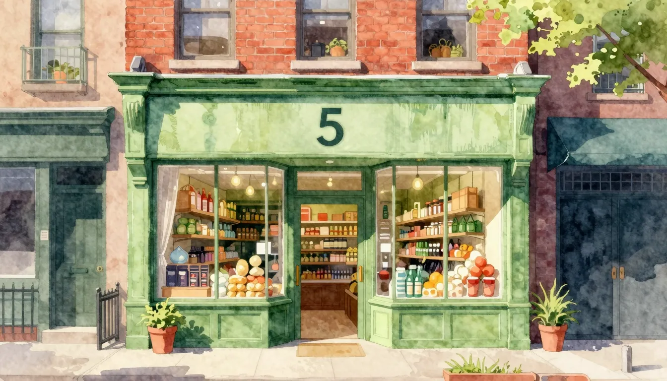 Vibrant watercolor style. A cozy, vibrant neighborhood groce...