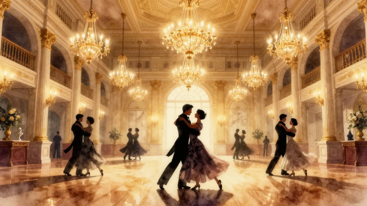 Watercolor style. Elegant ballroom interior, grand chandelie...