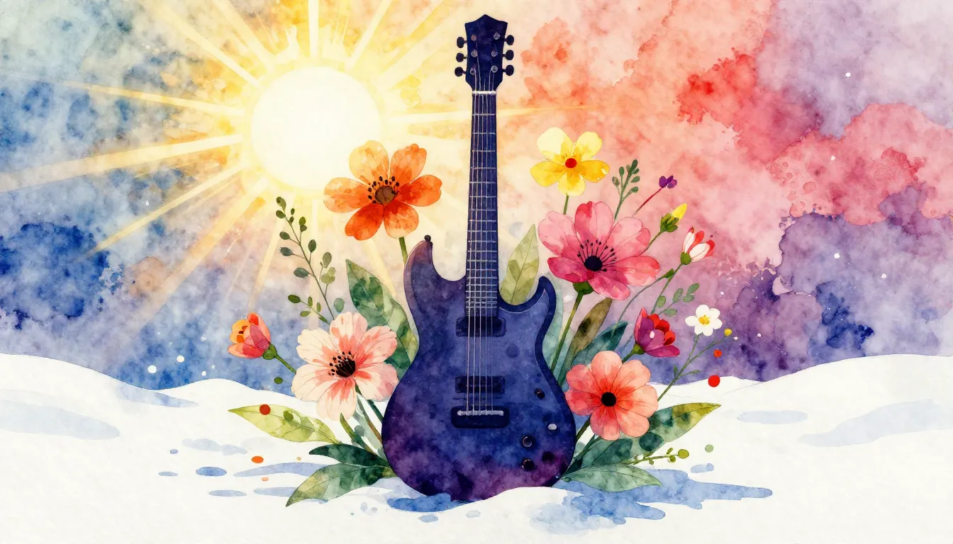 Vibrant watercolor style. Rock music album cover, spring flo...