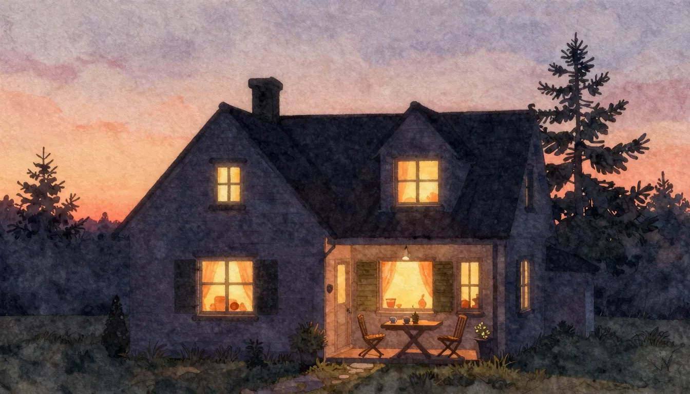 Watercolor style. Silhouette of a cozy house at sunset, warm...