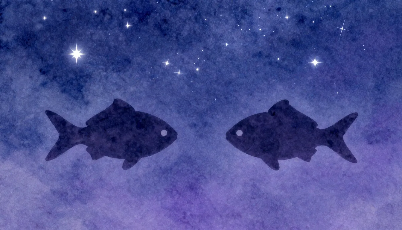 Watercolor style. Two fish silhouettes swimming in a starry ...