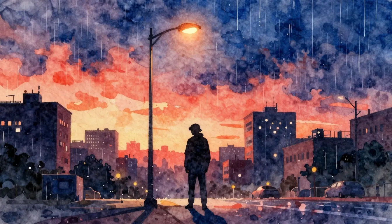 Vibrant watercolor style. Hip-hop album cover, a lonely silh...