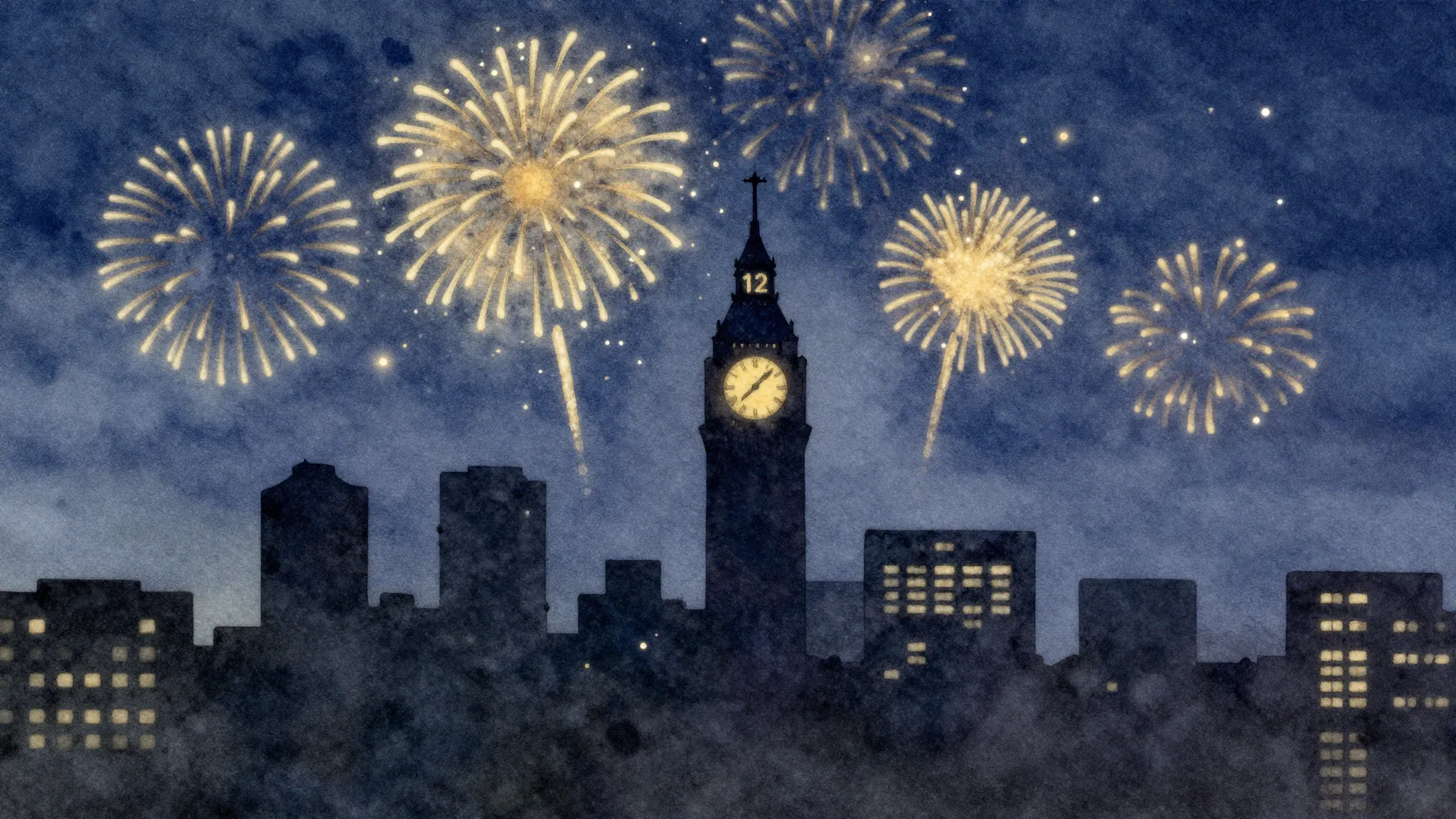 Watercolor style. Silhouette of a city skyline at night with...