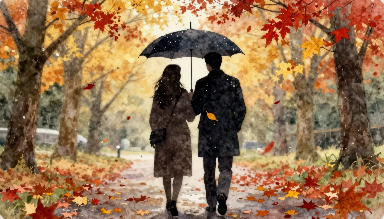 Watercolor style. A couple walking under a single umbrella i...