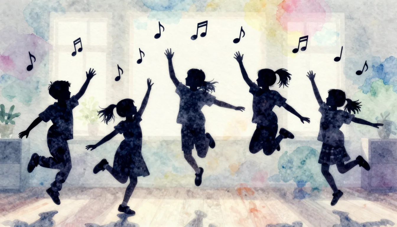 Watercolor style. Silhouettes of children spinning and jumpi...