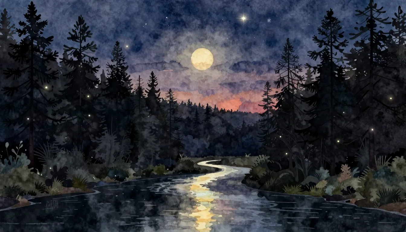 Watercolor style. Silhouette of a dark forest against a twil...