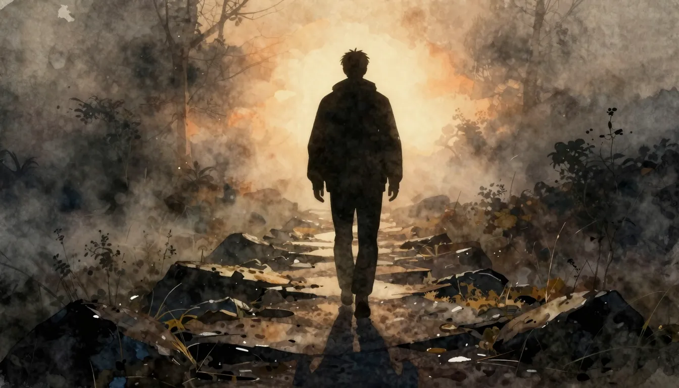 Watercolor style. A dark silhouette walking on a rocky path ...