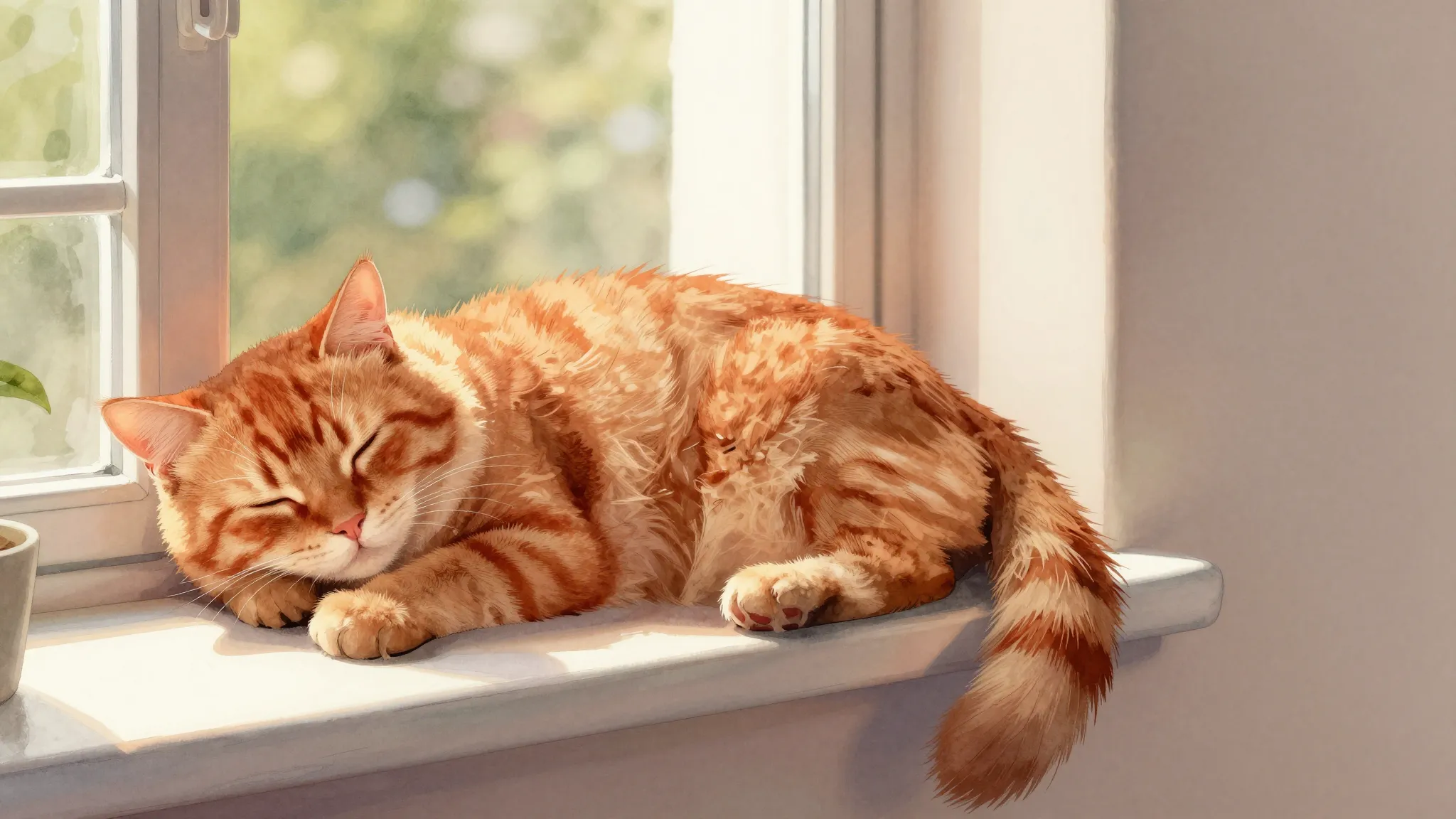 Watercolor style. A fluffy red cat sleeping on a windowsill ...