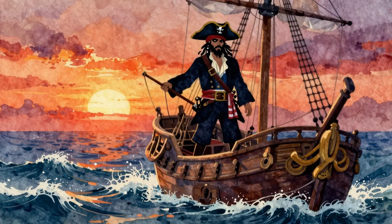 Vibrant watercolor style. A stylized silhouette of a pirate ...