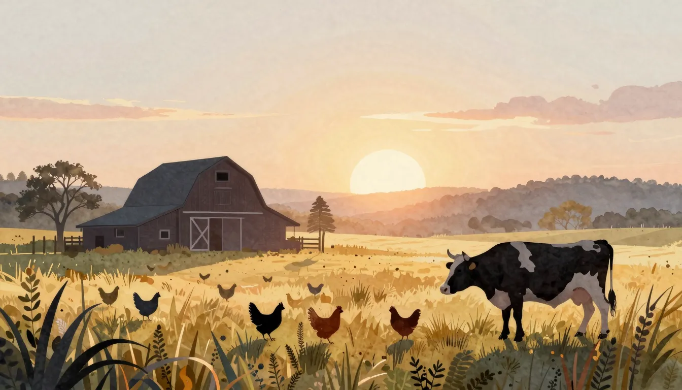 Watercolor style. Silhouette of a rural landscape at sunrise...