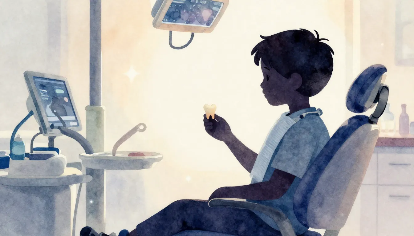 Watercolor style. A silhouette of a child sitting in a denti...