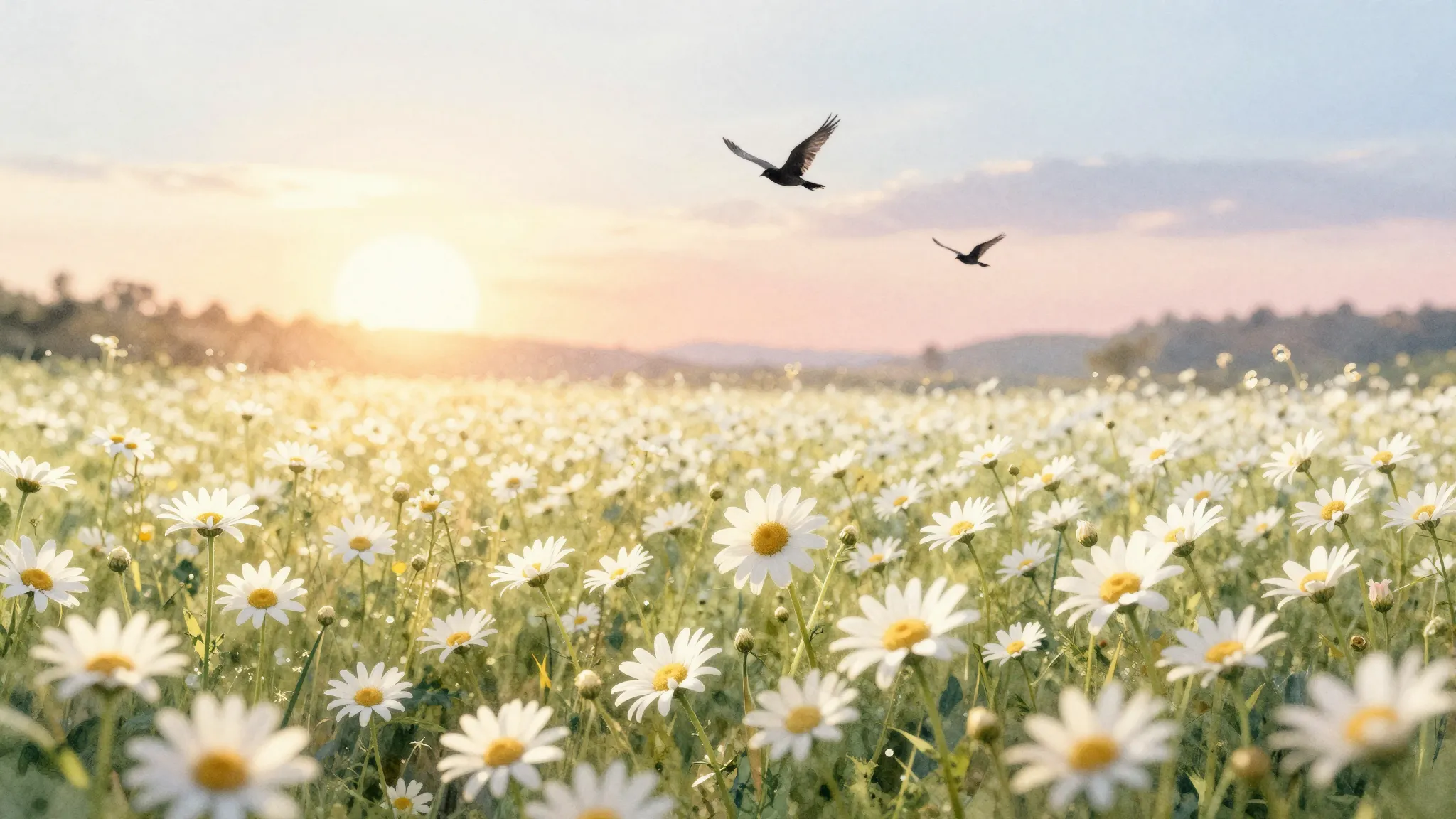 Watercolor style. A beautiful field of white daisies under a...