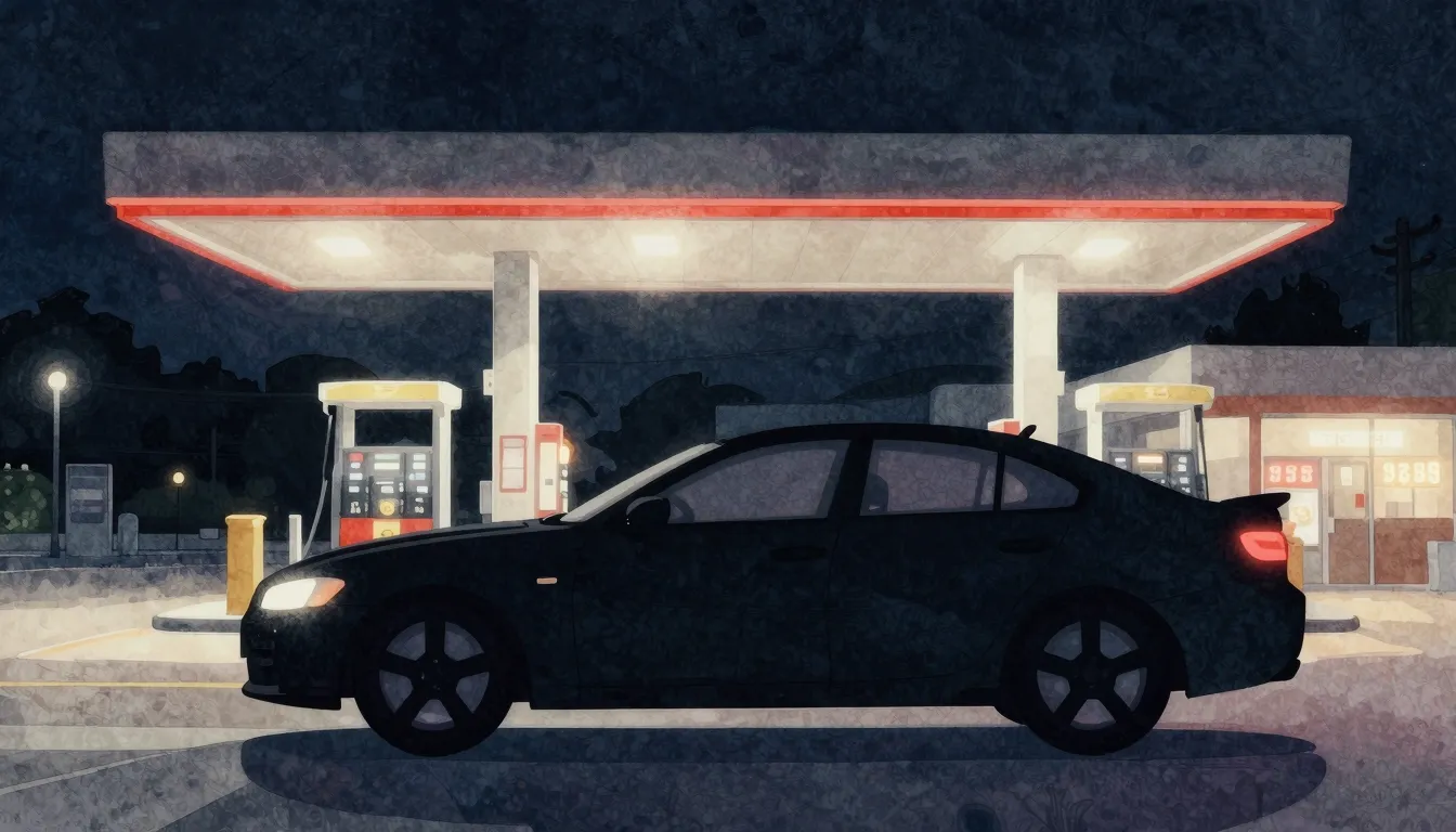 Watercolor style. A silhouette of a car at a gas station at ...