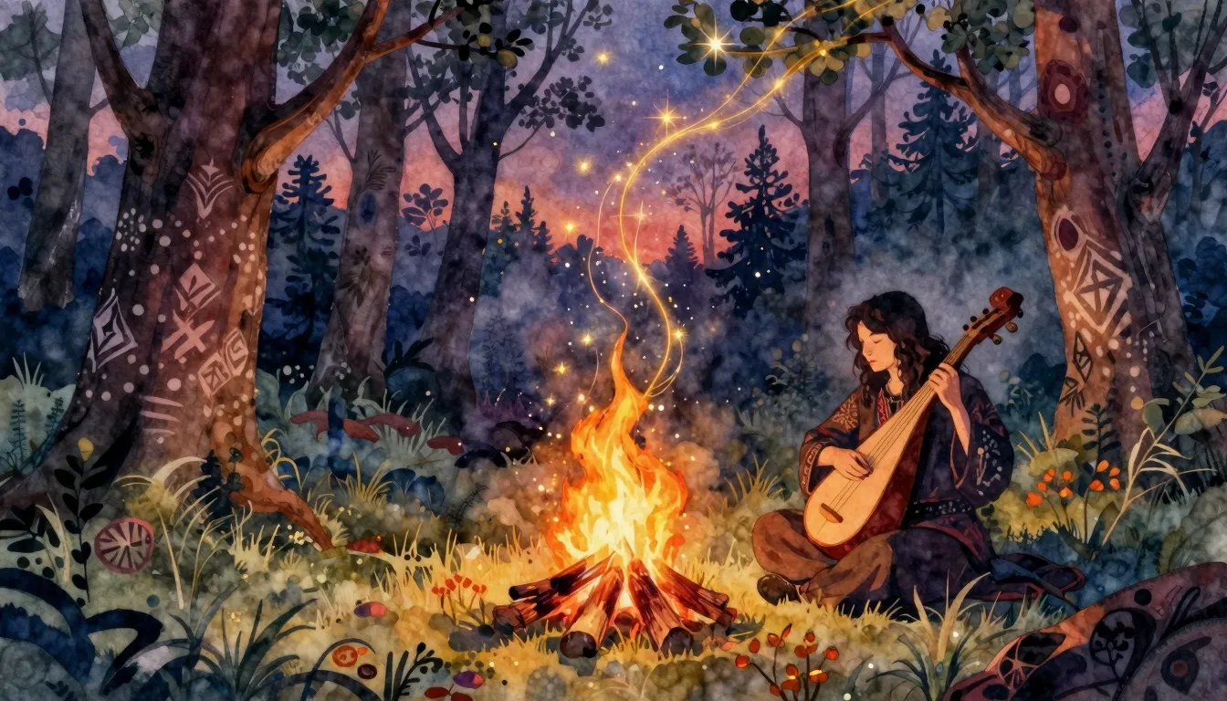 Vibrant watercolor style. Folk music album cover, mystical S...
