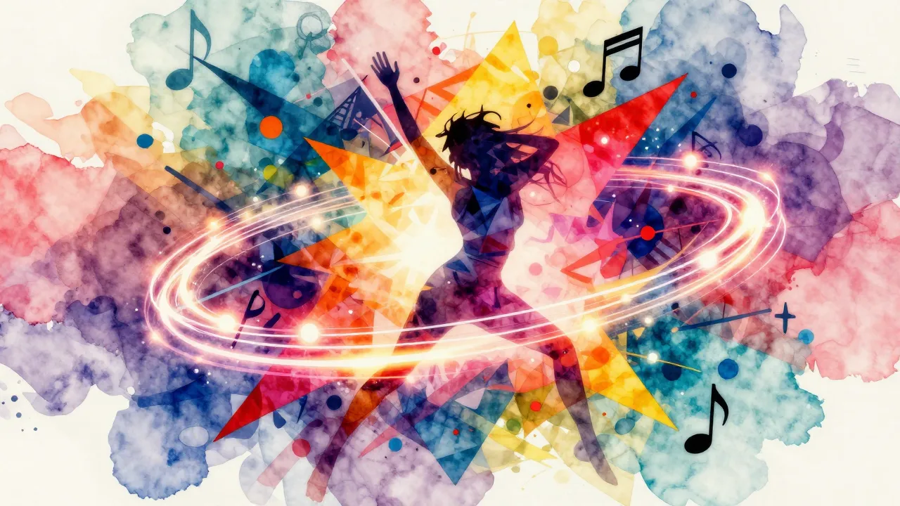 Vibrant watercolor style. A vibrant, abstract dance music co...