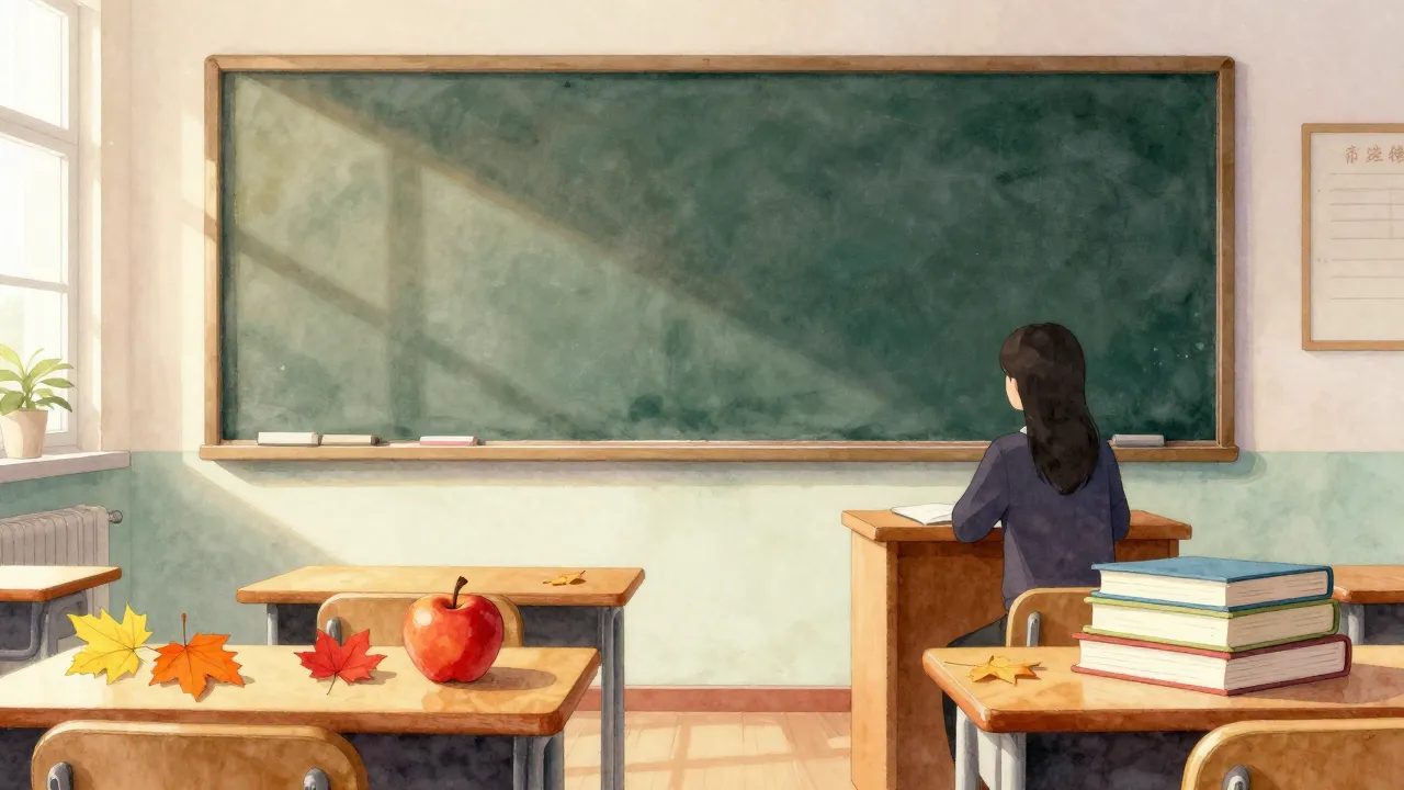 Watercolor style. A bright classroom with a blackboard, colo...