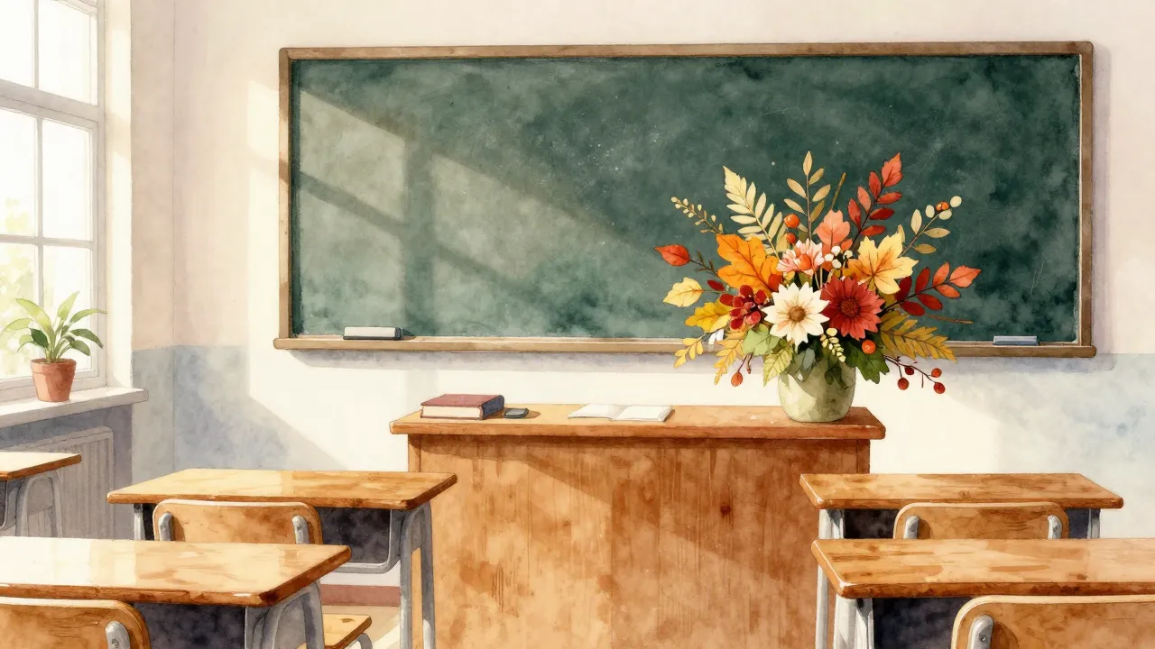 Watercolor style. A cozy classroom with a blackboard, wooden...