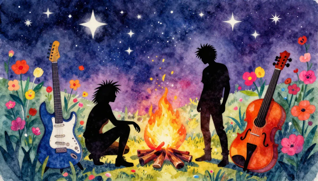 Vibrant watercolor style. Punk rock album cover, silhouette ...