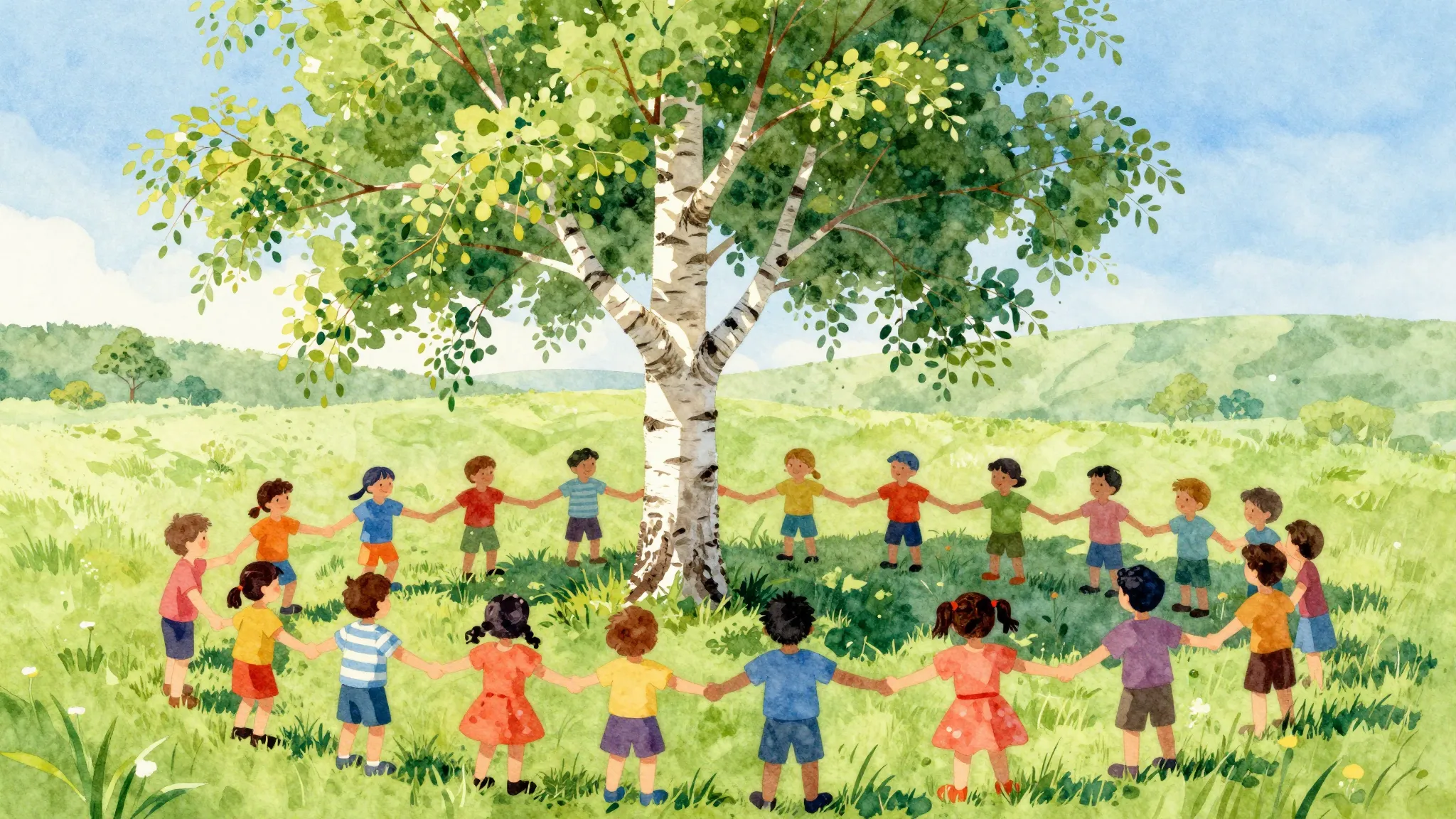 Vibrant watercolor style. A young birch tree in the center o...