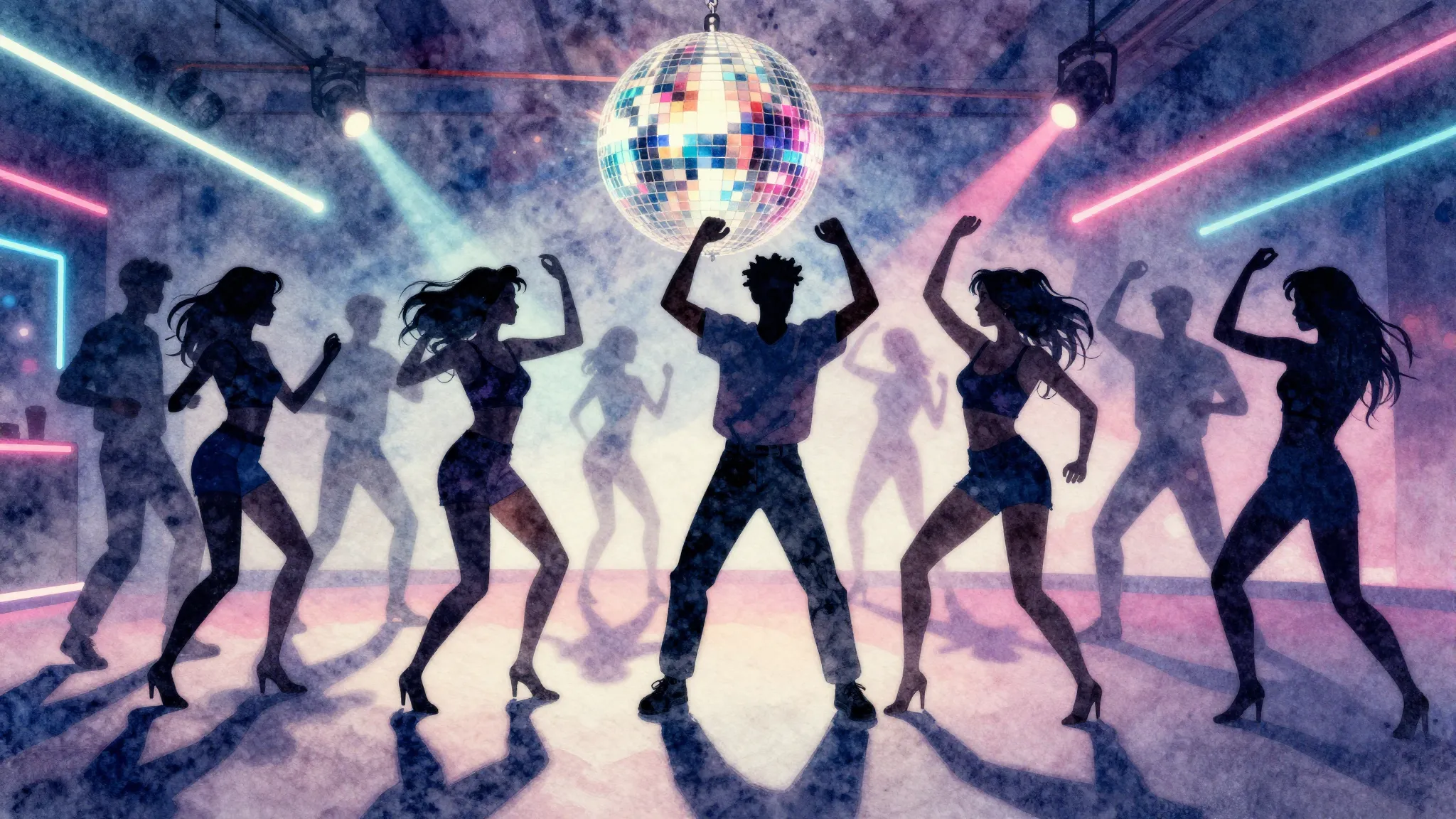 Watercolor style. Silhouettes of a group of friends dancing ...