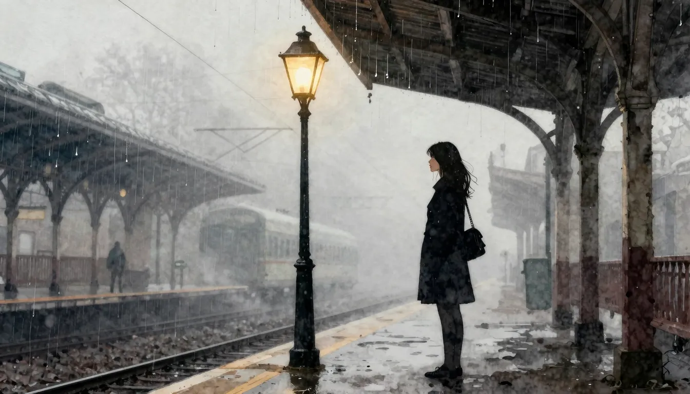 Watercolor style. Silhouette of a woman standing on a foggy ...