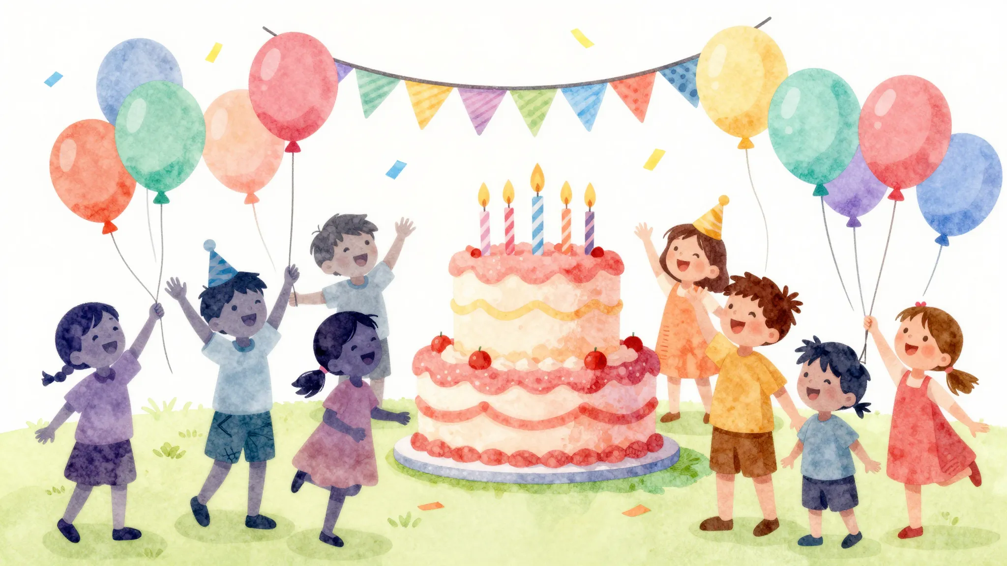 Watercolor style. A bright and colorful birthday party scene...