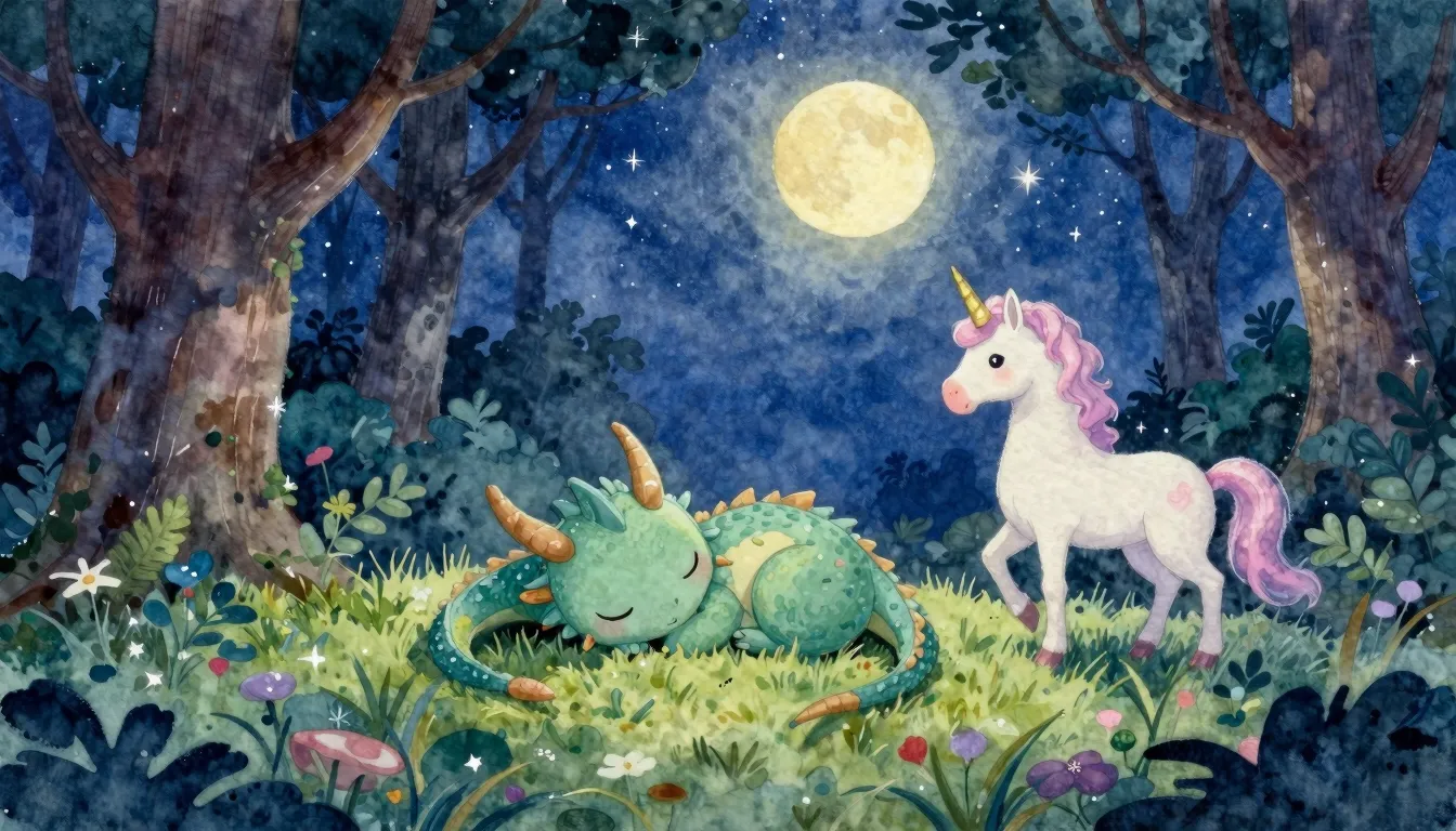 Vibrant watercolor style. A magical night scene in a deep fo...
