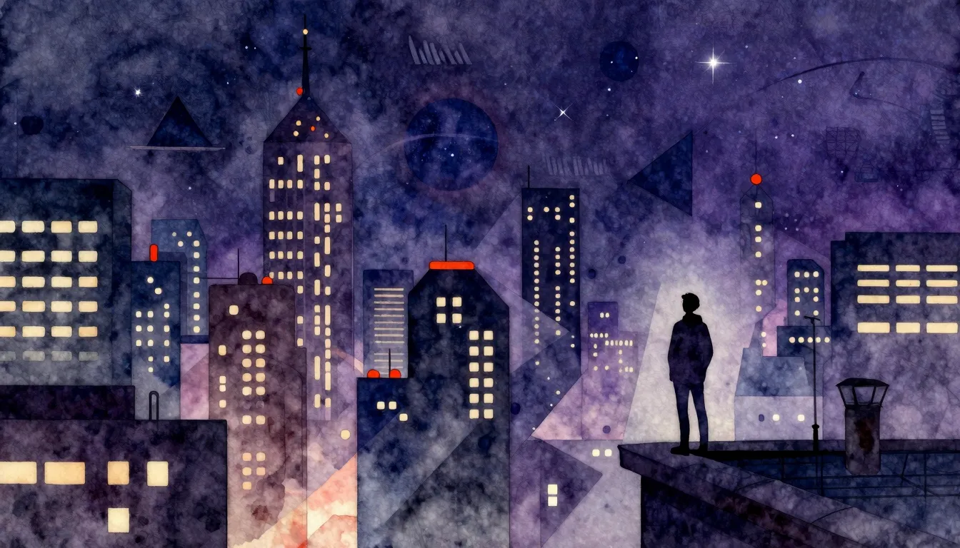 Watercolor style. Urban city skyline at night, neon lights, ...