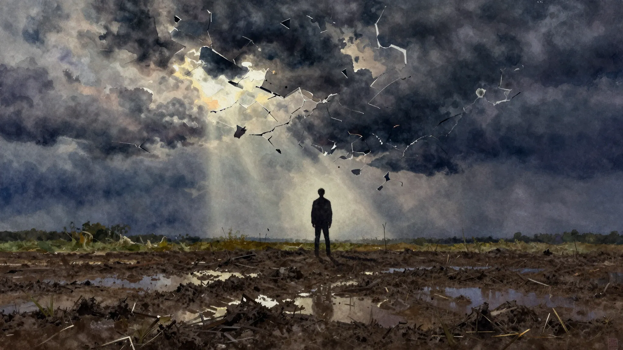 Vibrant watercolor style. A lonely silhouette of a man stand...