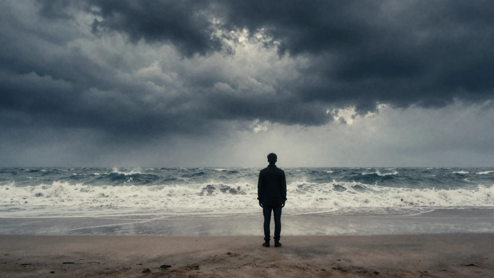 Watercolor style. Silhouette of a lonely figure standing on ...