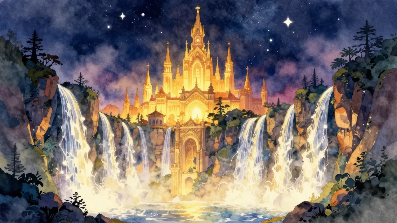 Vibrant watercolor style. A majestic elven city nestled betw...