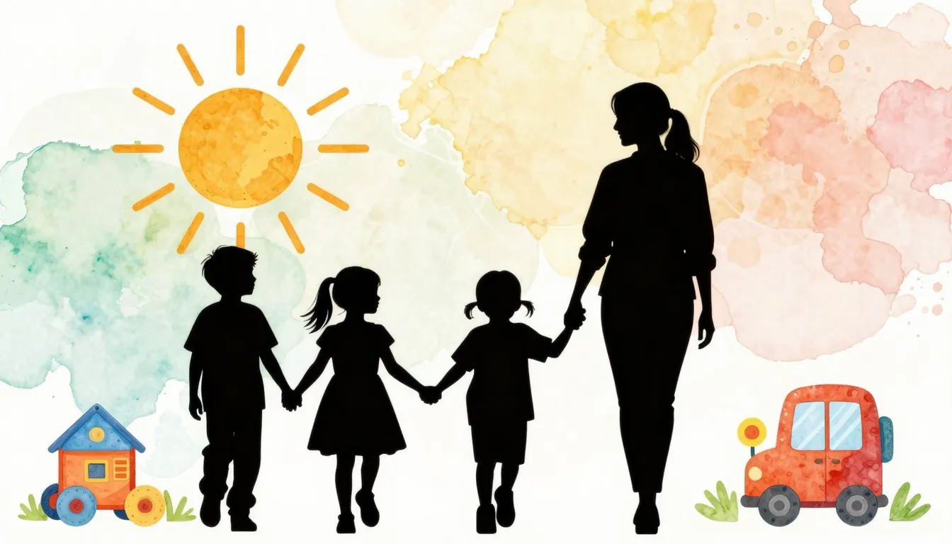 Watercolor style. Silhouette of a teacher holding hands with...
