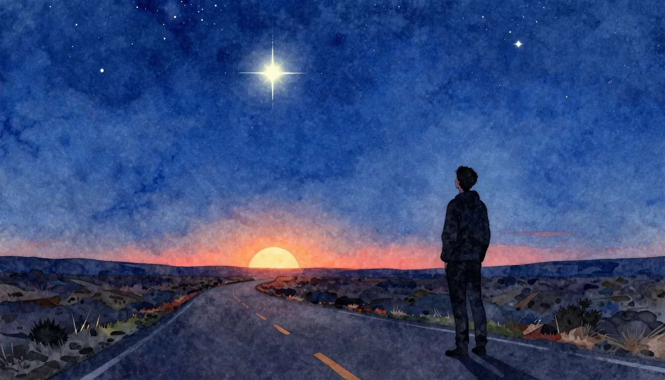 Vibrant watercolor style. A silhouette of a lonely man looki...