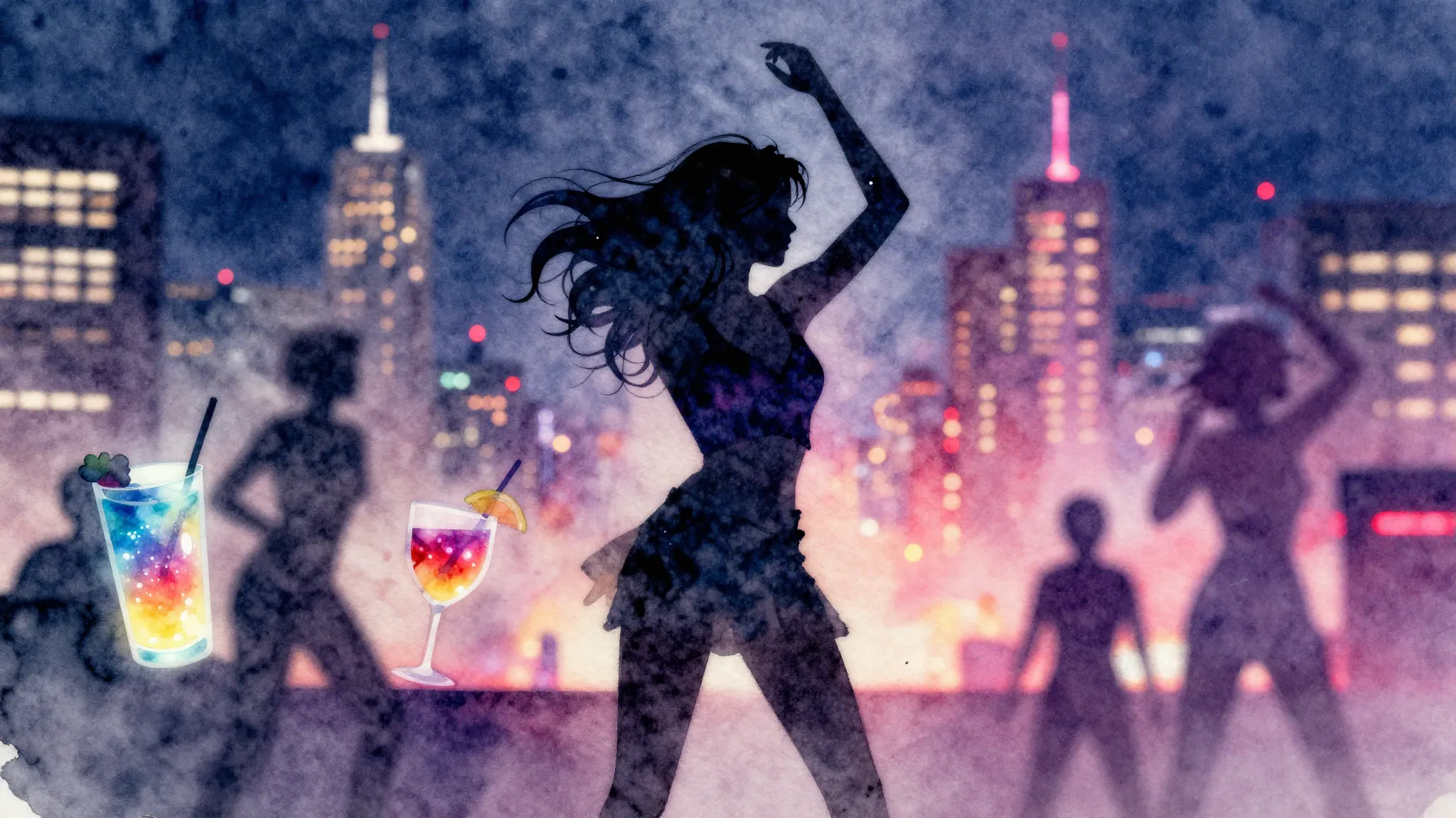 Watercolor style. Neon city lights at night, silhouette of a...