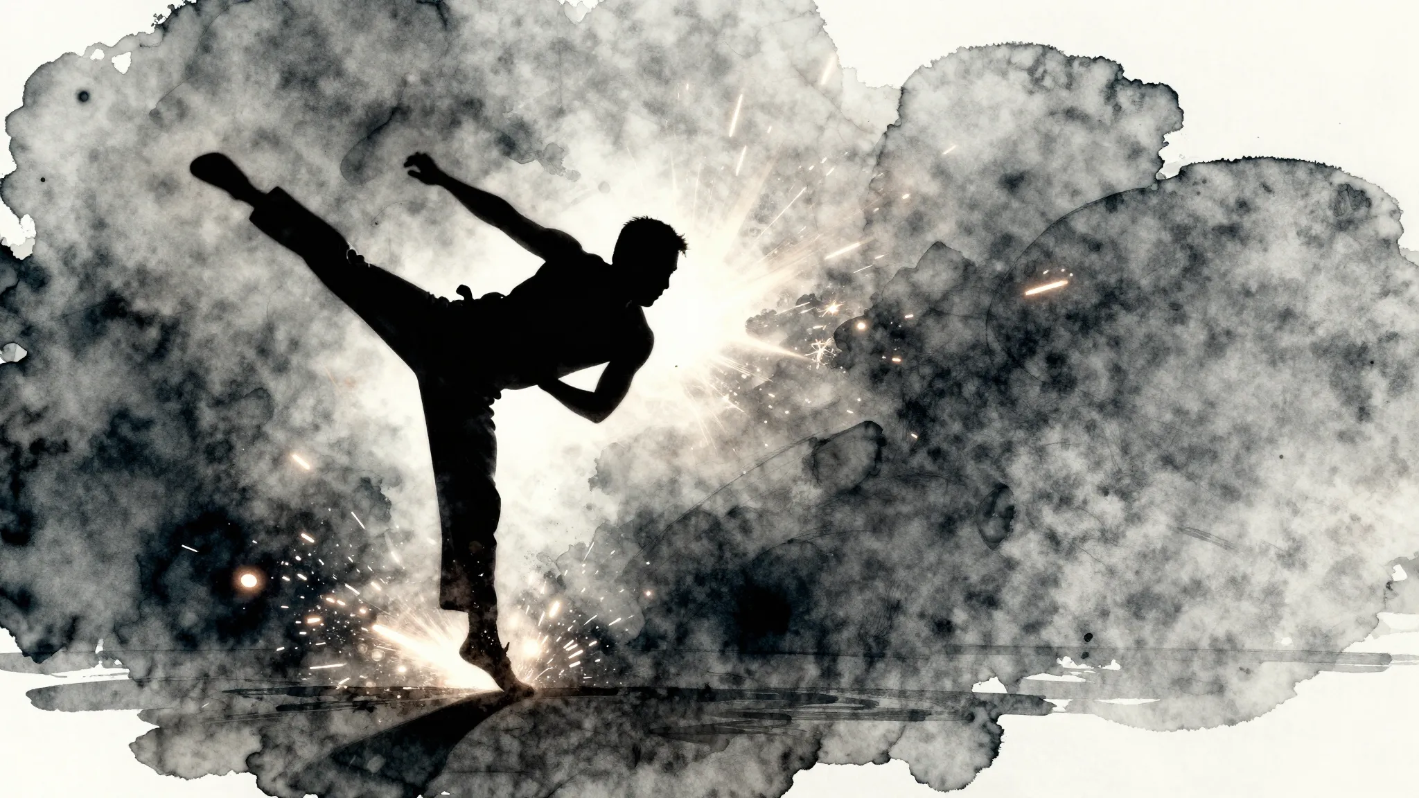 Watercolor style. Dark silhouette of a capoeira fighter doin...