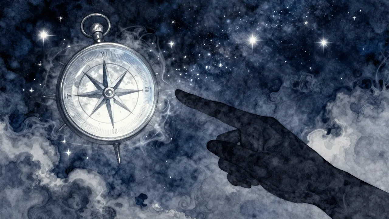 Watercolor style. A glowing moonstone compass in a silhouett...