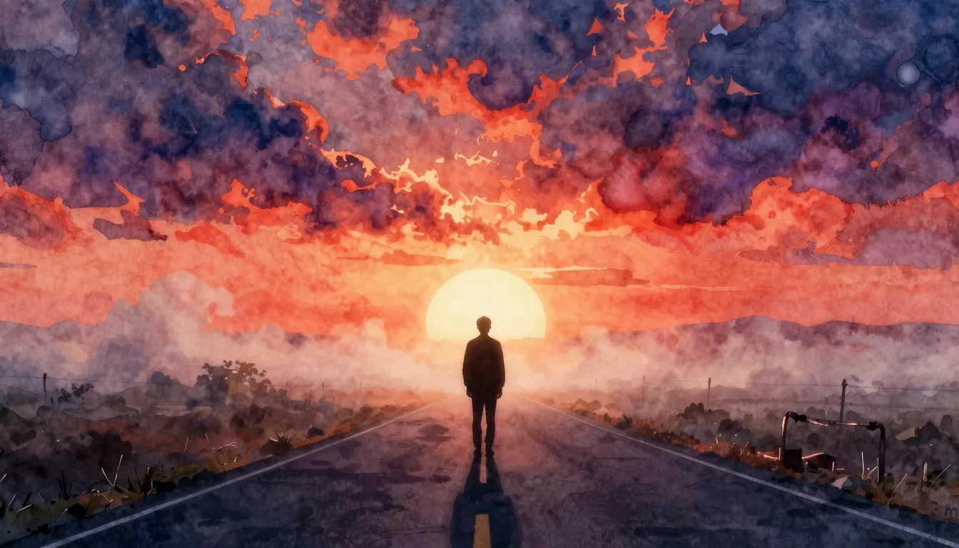 Vibrant watercolor style. A lonely silhouette standing on a ...