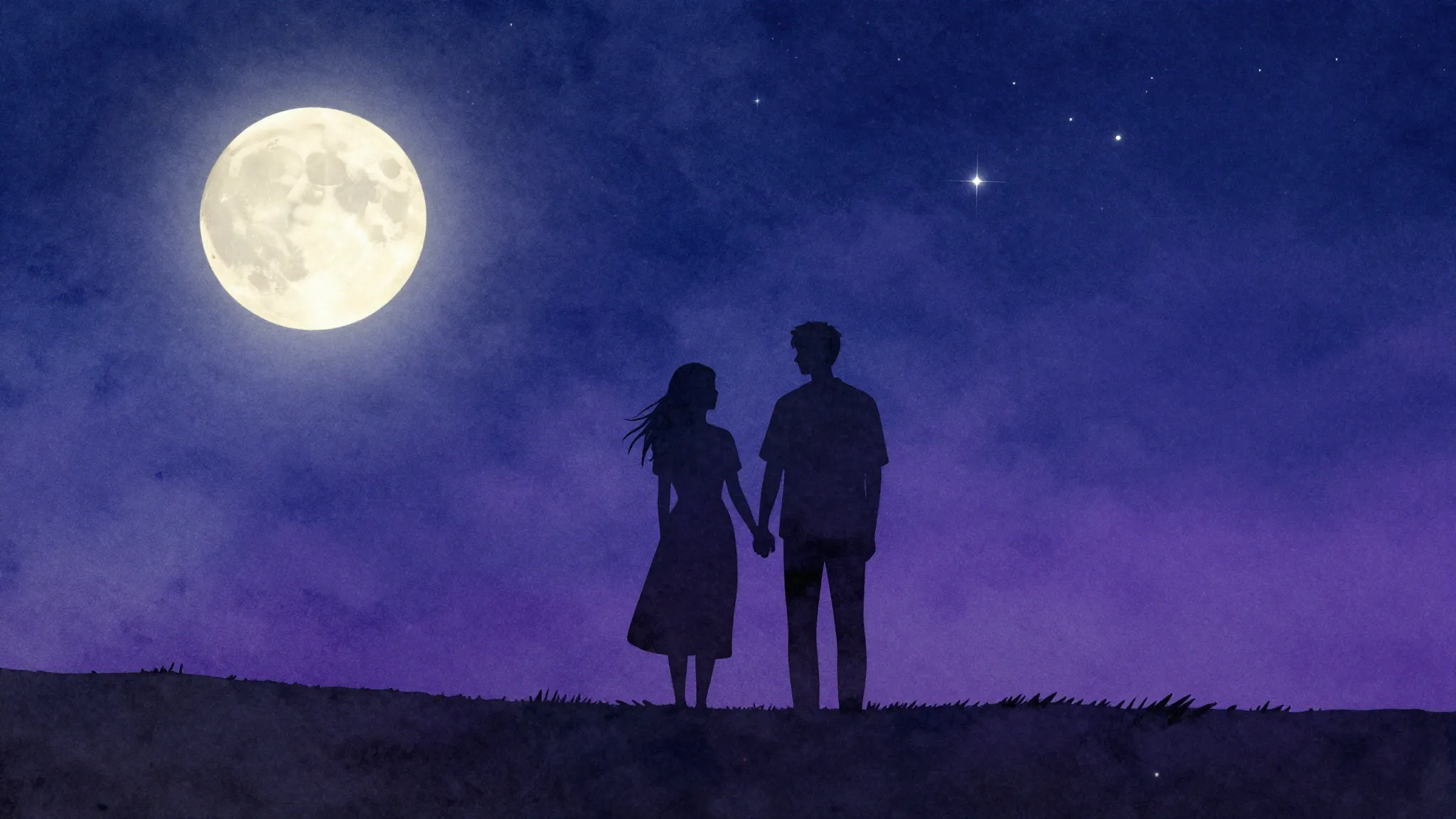 Watercolor style. A silhouette of a couple standing apart un...