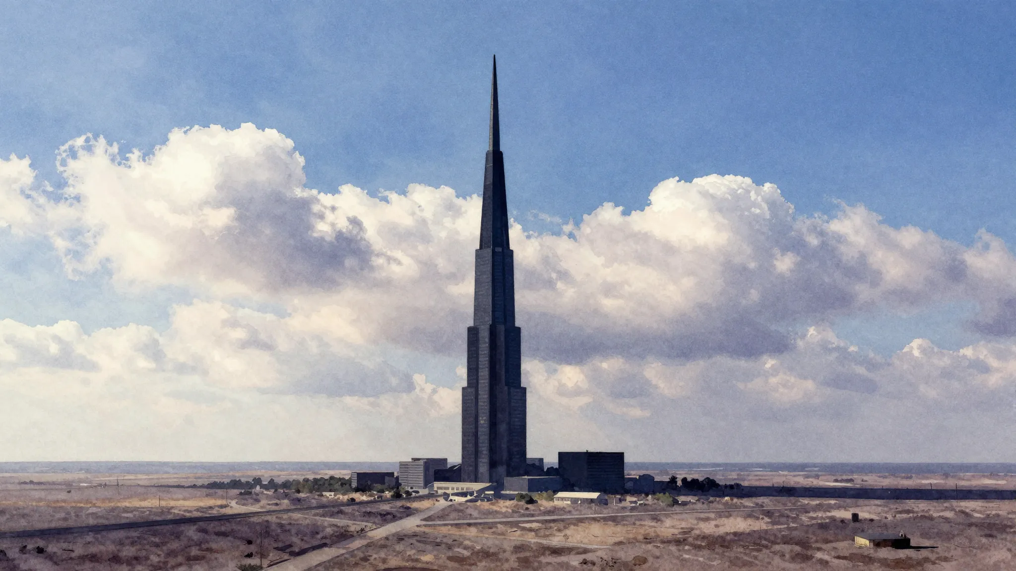 Vibrant watercolor style. A giant, dark, sharp skyscraper ne...