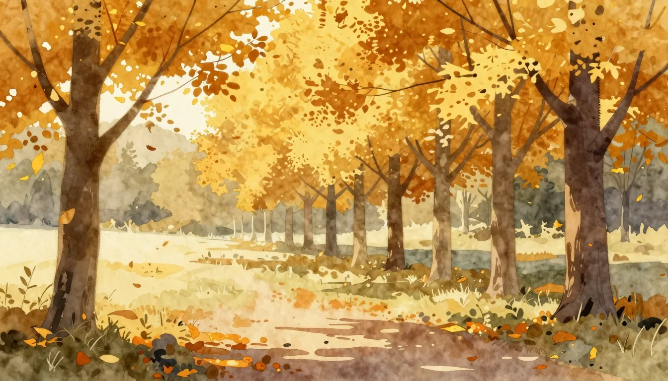 Watercolor style. Autumn landscape with golden trees, fallin...