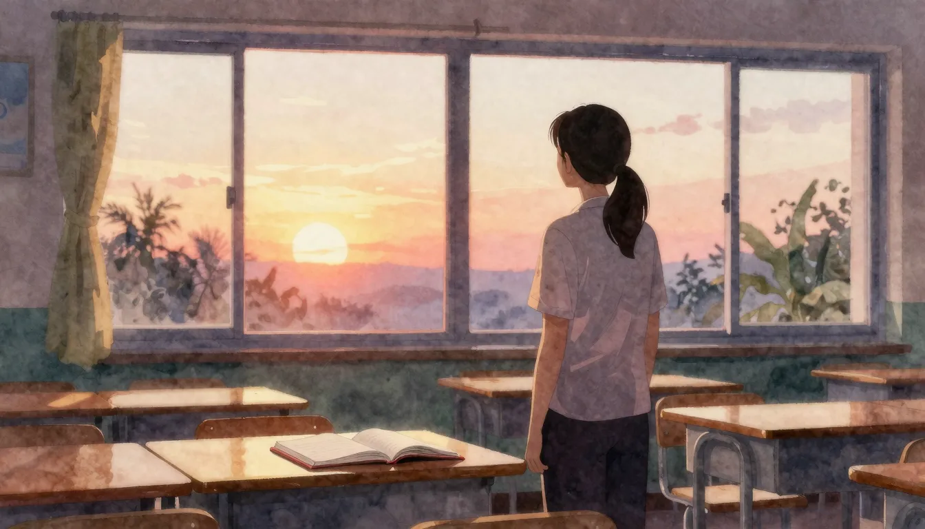 Vibrant watercolor style. A nostalgic silhouette of a teache...