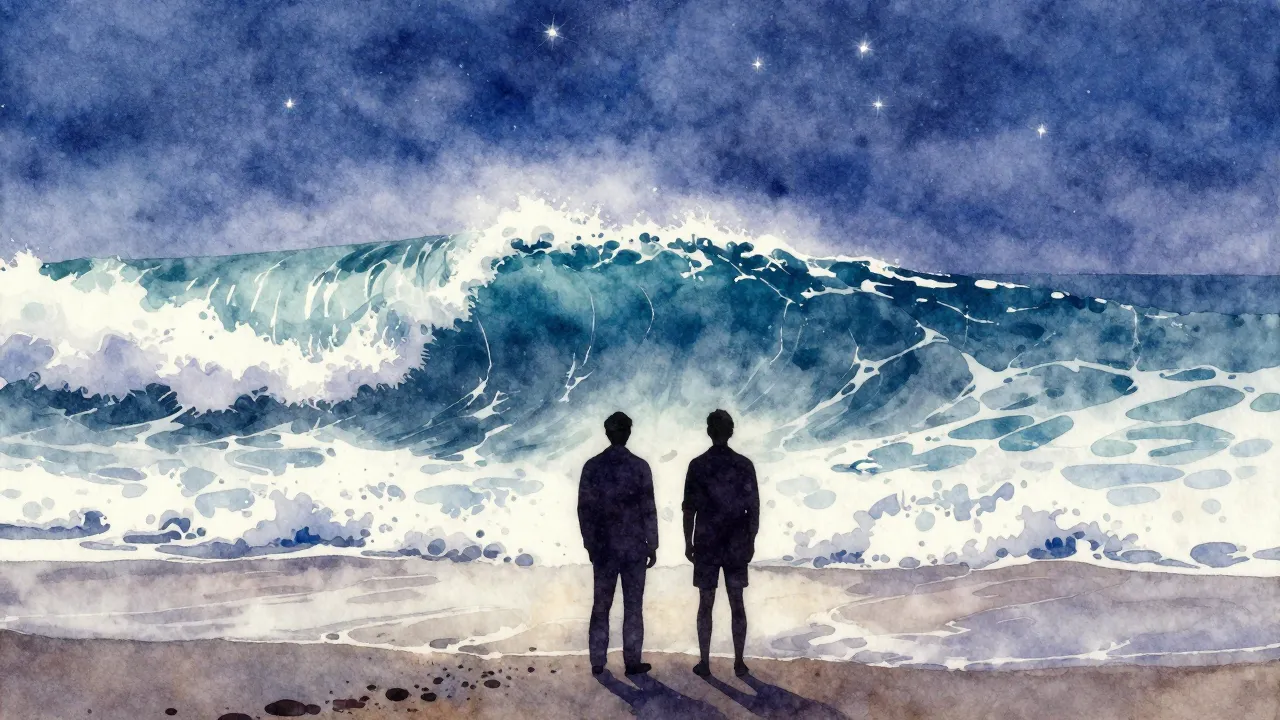 Watercolor style. A silhouette of two figures standing on a ...