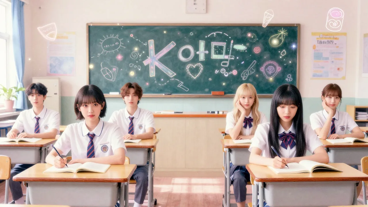 Vibrant watercolor style. K-pop album cover, aesthetic schoo...