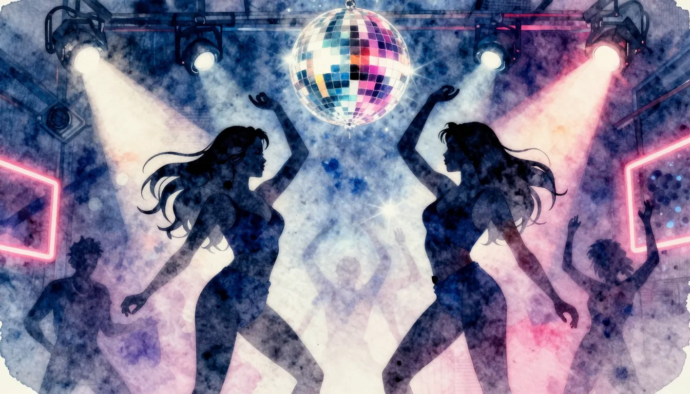 Watercolor style. Neon club scene, two female silhouettes da...