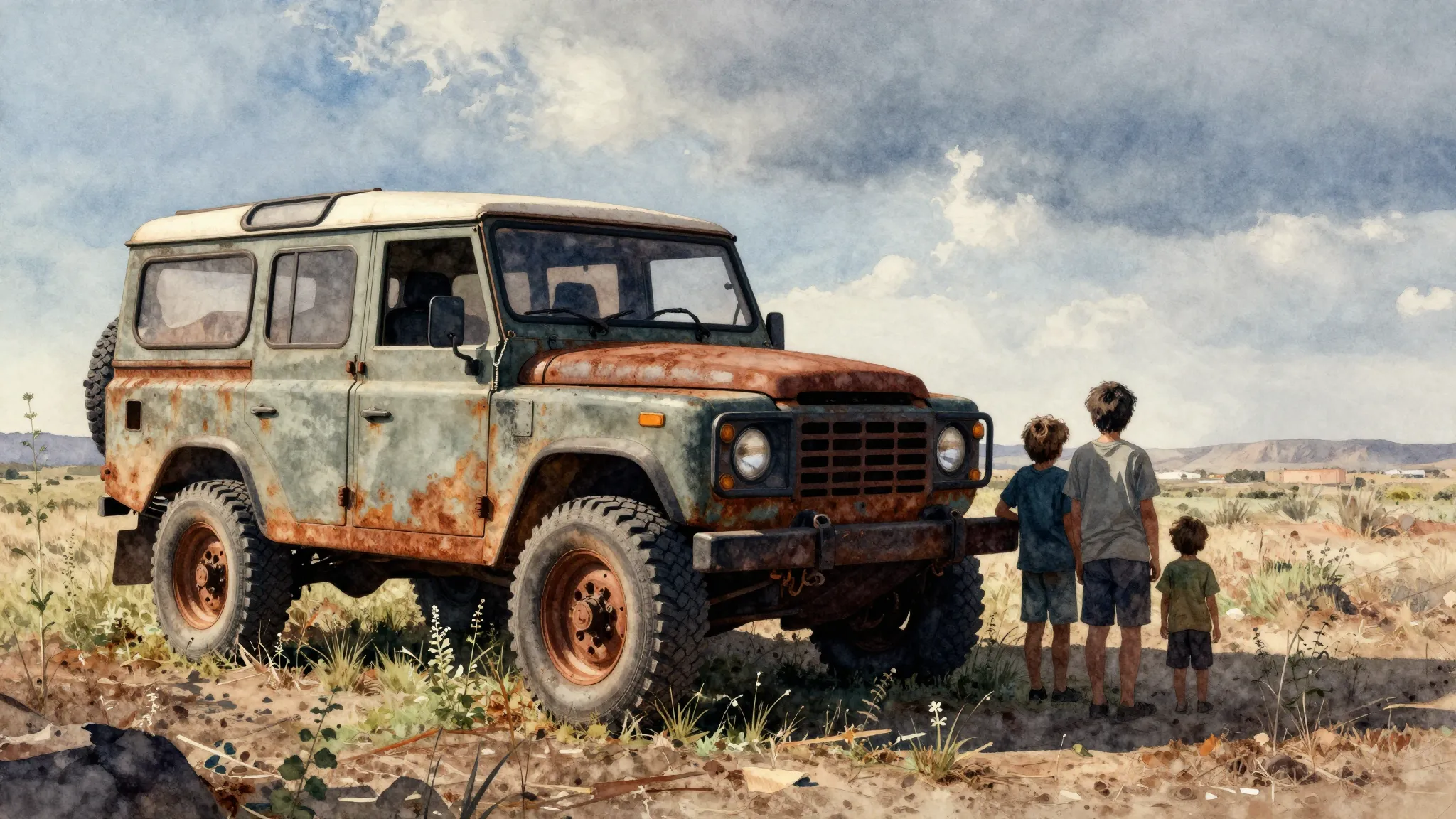 Watercolor style. A rusty, old, boxy off-road vehicle standi...