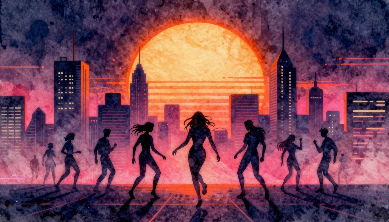 Watercolor style. A bright neon sun melting over a futuristi...
