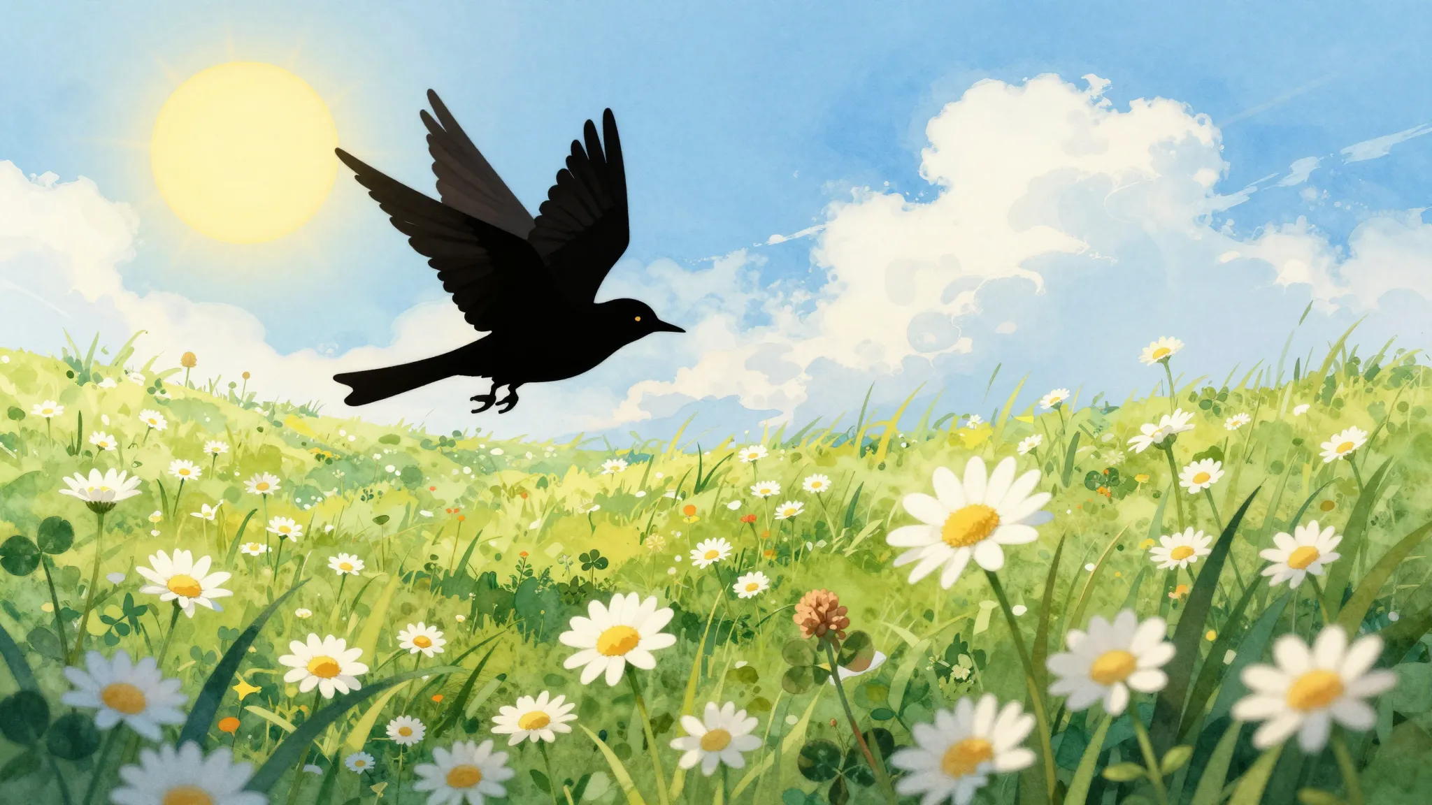 Watercolor style. A silhouette of a bird flying over a color...
