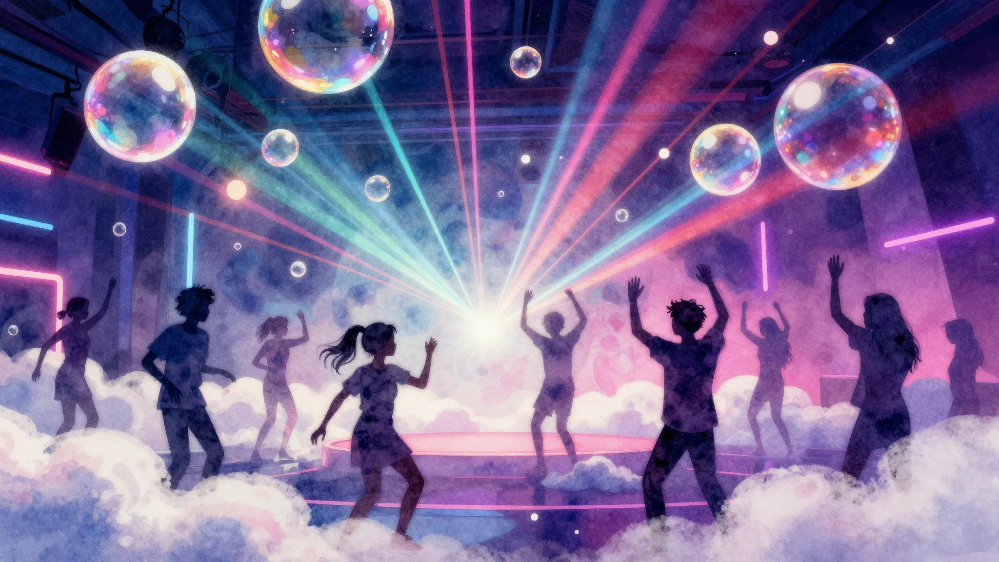 Watercolor style. Bright neon disco club with flying foam bu...
